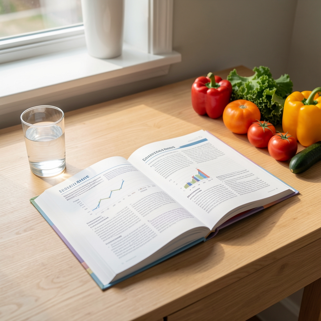 Workspace with open nutrition research journals, a glass of water, and seasonal vegetables arranged on a clean wooden surface in natural morning light
