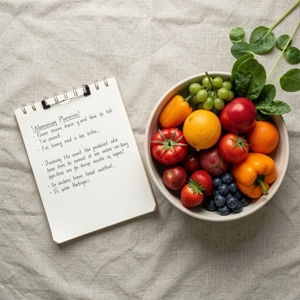 Hand-written planning notes next to a bowl of fresh seasonal fruits and vegetables on a linen tablecloth, natural daylight, overhead view