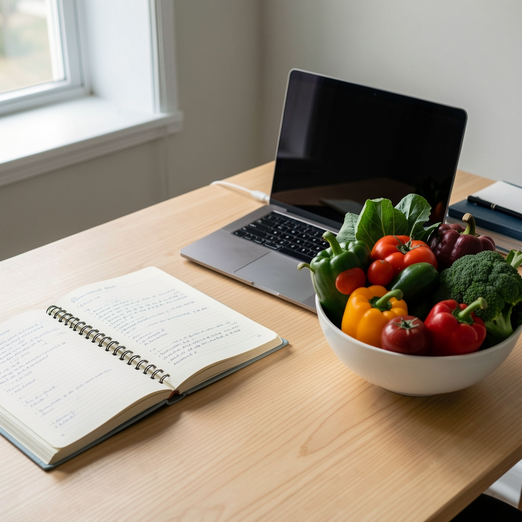 Bright Zurich editorial workspace with open notebooks, a laptop, and a bowl of colourful fresh vegetables on a light wood desk