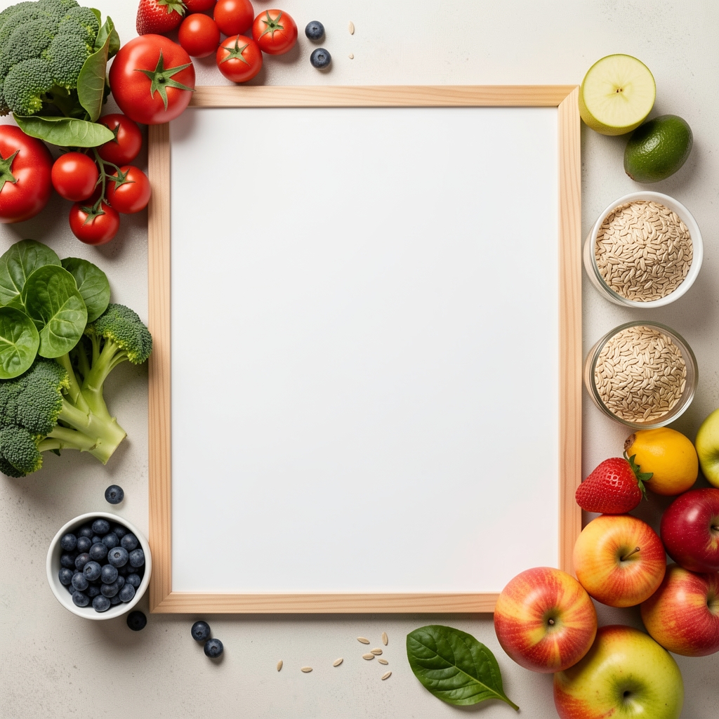 Overhead view of a weekly meal plan written on a whiteboard next to fresh vegetables, whole grains, and colourful fruits on a light surface