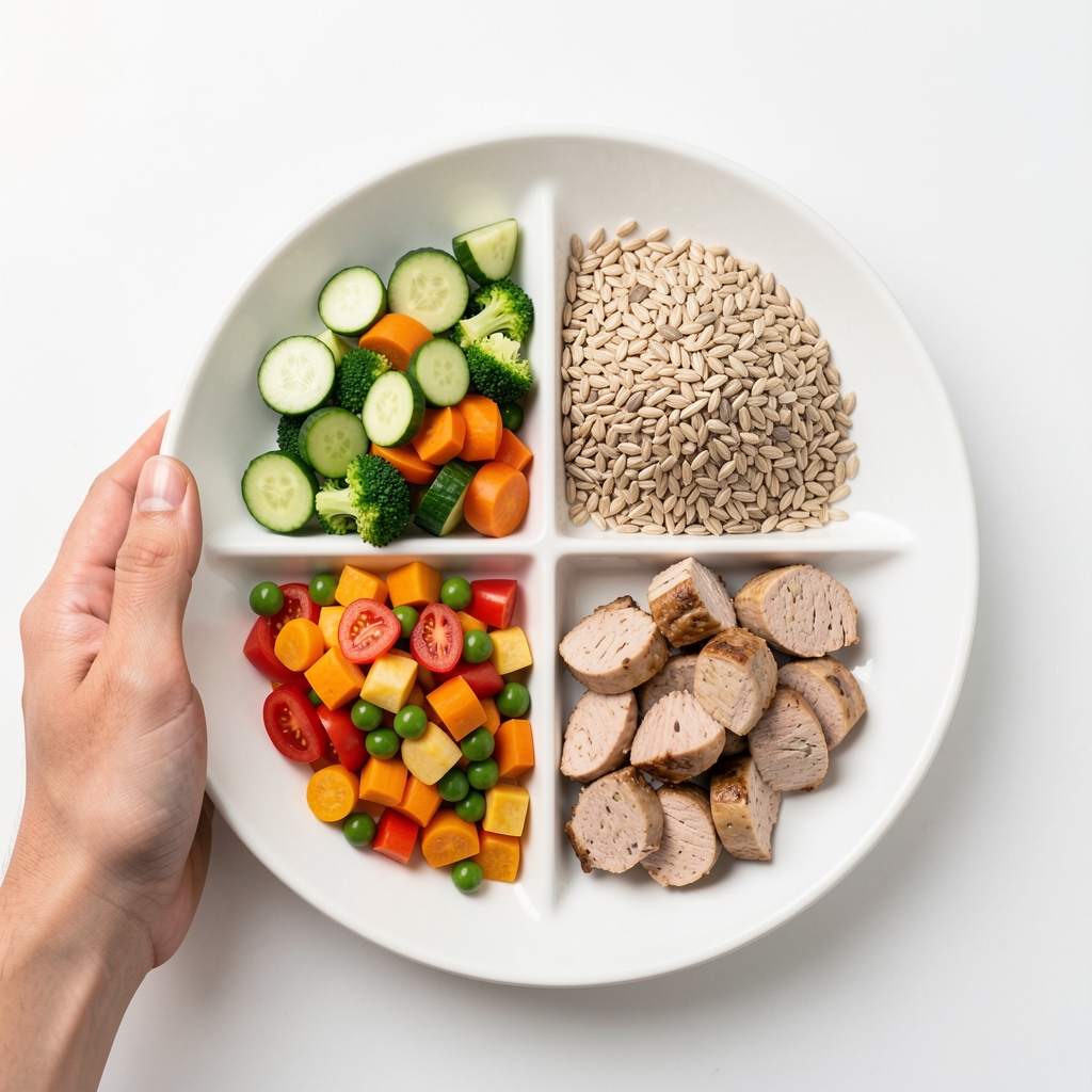 Hand next to a plate with food arranged in clear visual portions showing half vegetables, a quarter whole grains, and a quarter protein on white background