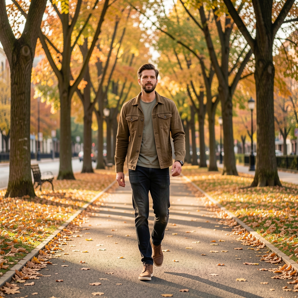 Person walking briskly on a tree-lined path in a city park in morning light, wearing casual clothing, natural setting with autumn leaves