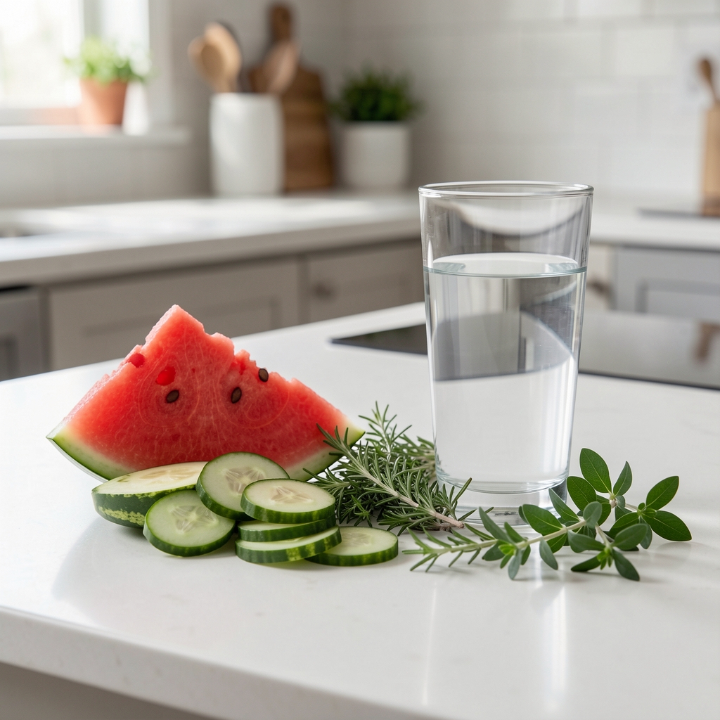 Glass of water next to a selection of hydrating foods including cucumber slices, watermelon, and fresh herbs on a clean kitchen counter