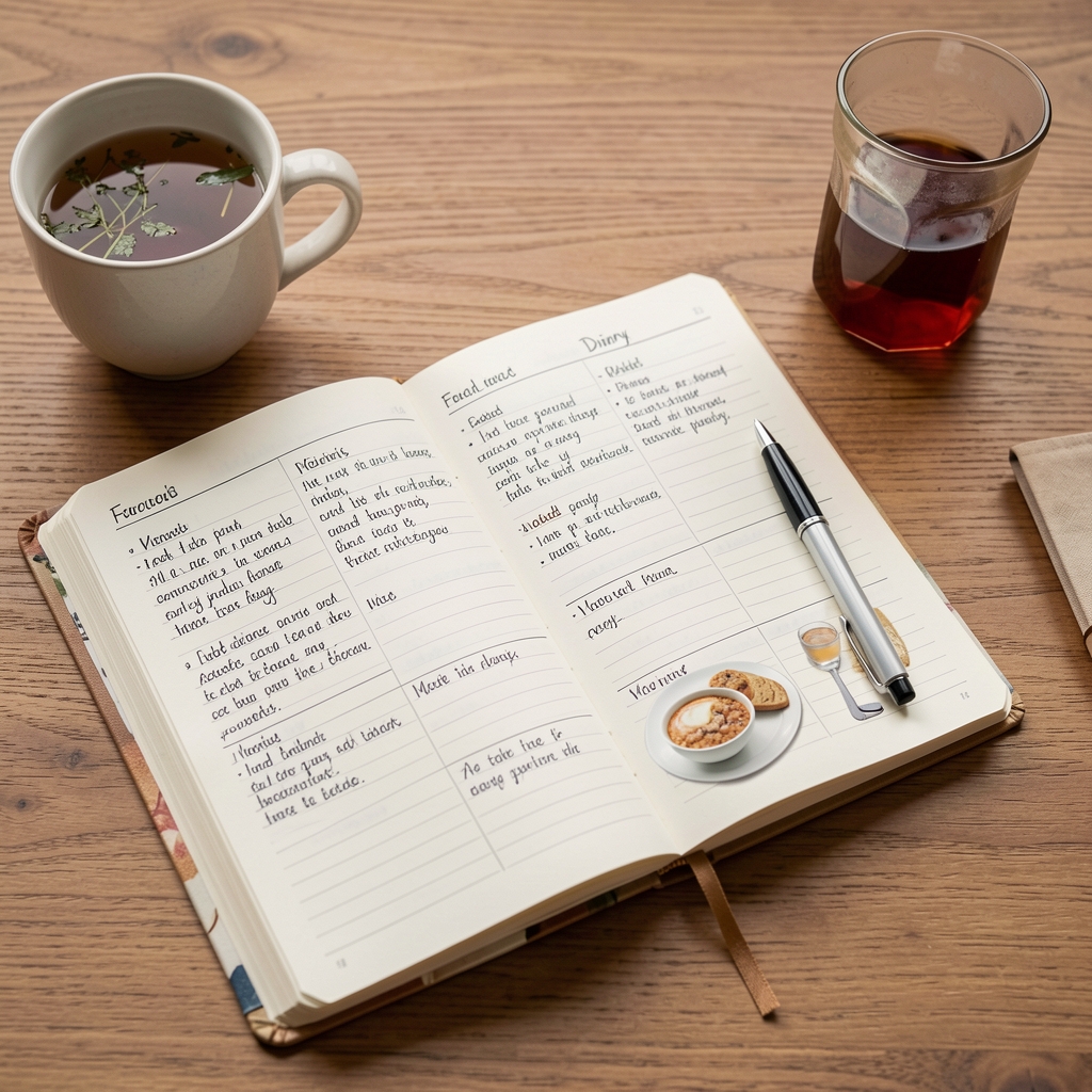 Open food diary notebook with handwritten meal entries and a pen resting on a wooden desk with a cup of herbal tea nearby