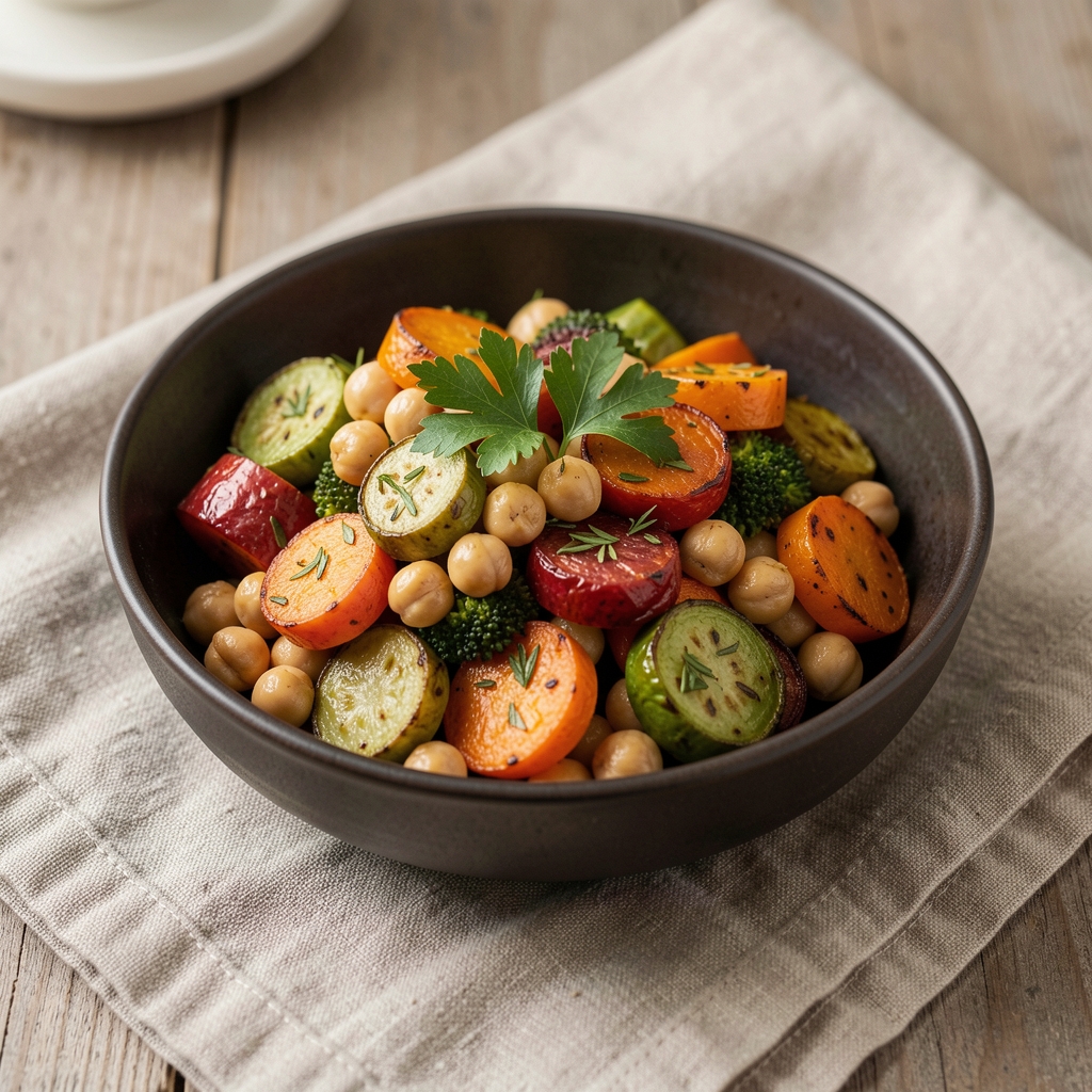 Colourful bowl meal with roasted vegetables, chickpeas, and fresh herbs arranged on a dark ceramic plate on a natural linen cloth
