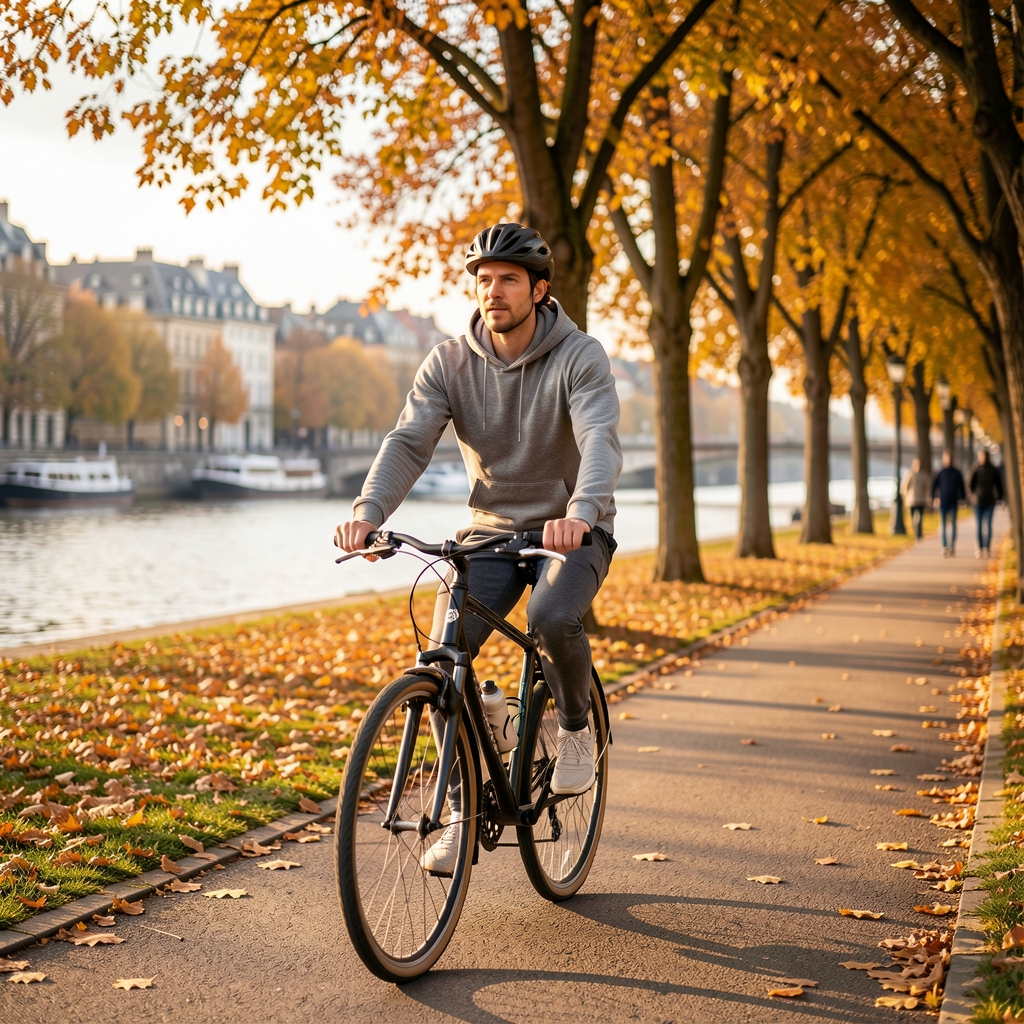 Person cycling along a riverside path in a European city in autumn light, wearing casual sportswear, trees lining the route in the background