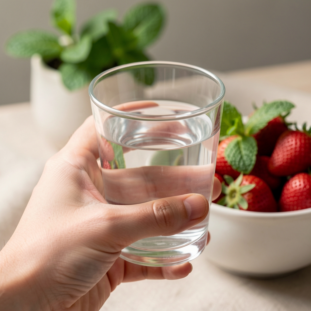 Close-up of a hand holding a glass of clear water with a bowl of fresh strawberries and mint leaves visible in the soft-focus background